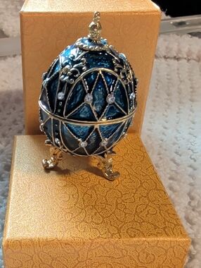 Blue and Gold Jeweled Egg Trinket Box